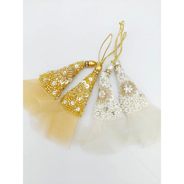 White Beaded Latkan In White Tissue Fabric and Zardozi Floral Embroidery, Indian Latkans, Blouse Latkan Sewing Latkans Bridal Tassels 1 Pair